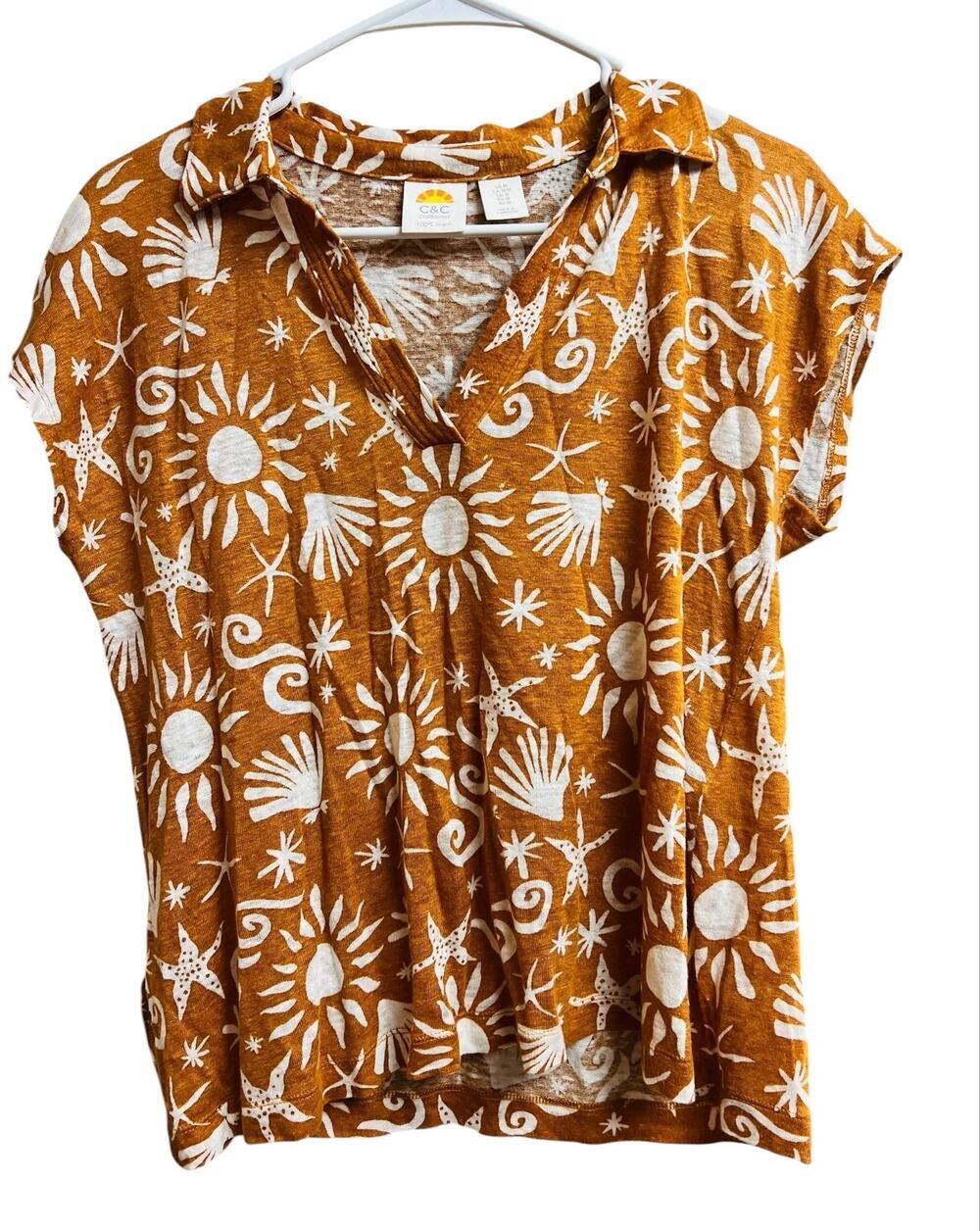 C&C California Top Rust Orange Color Linen Beach Print Medium